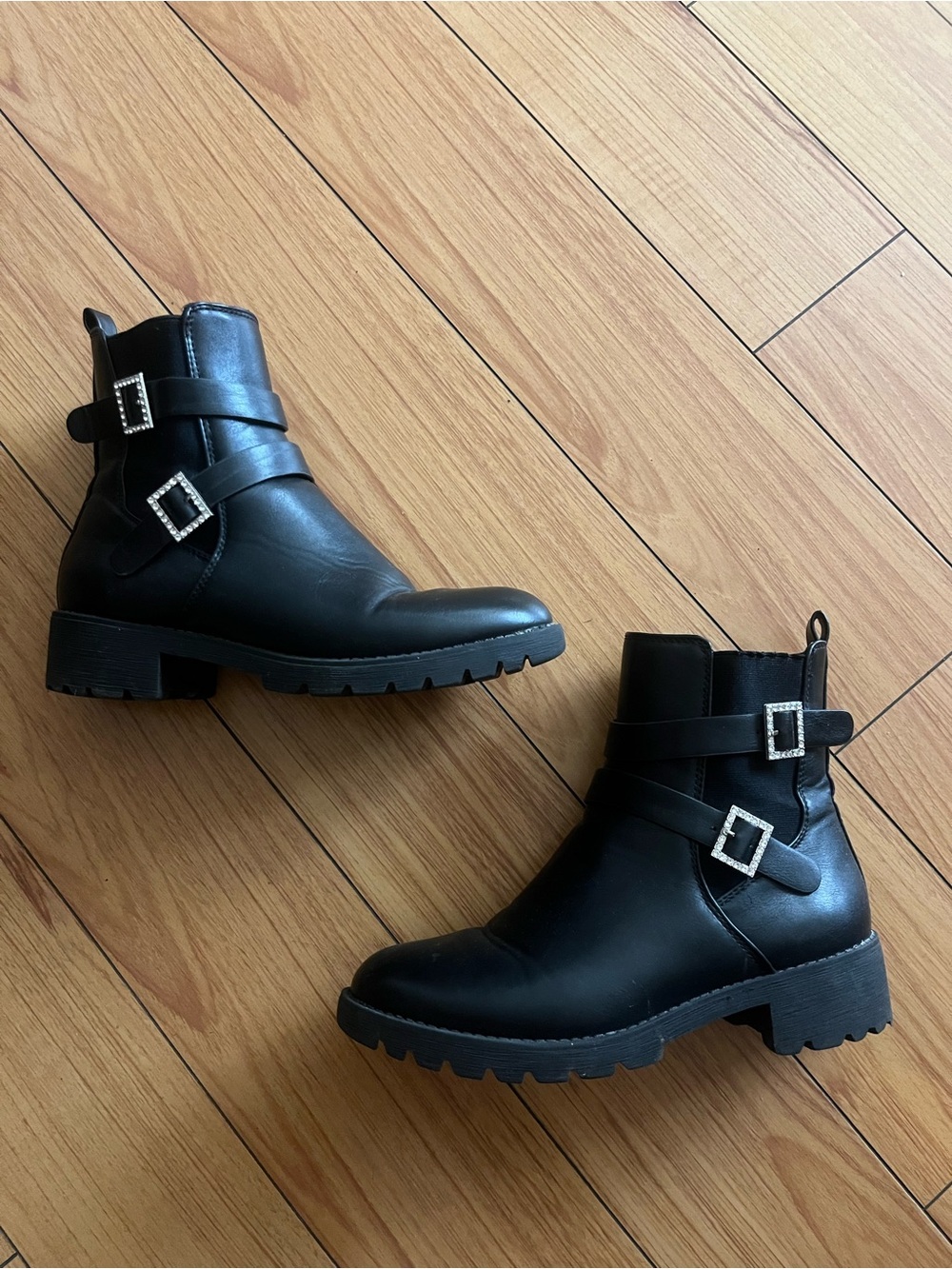 Elditas Stella Black Rhinestone
Buckle Moto Ankle Boots Lug
Sole Womens